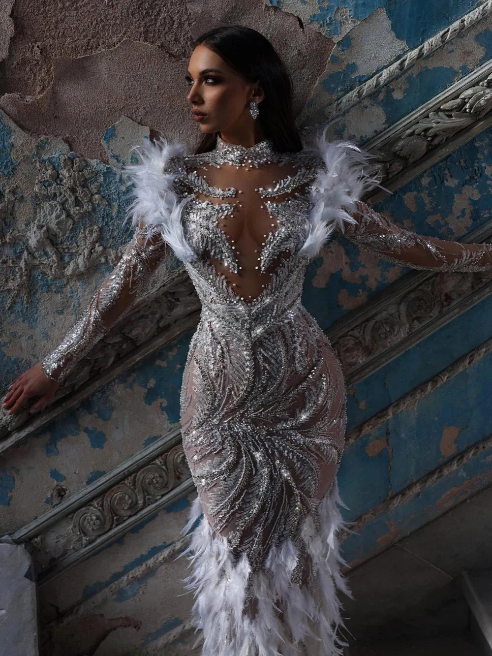 Exquisite Beading Pearls Wedding Dresses Feather High Neck Bridal Gowns See Through Mermaid Customized Bride Vestidos De Novia
