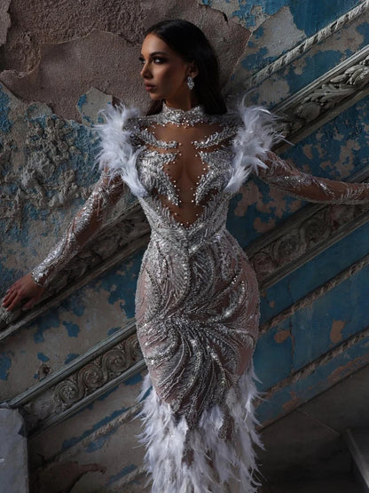 Exquisite Beading Pearls Wedding Dresses Feather High Neck Bridal Gowns See Through Mermaid Customized Bride Vestidos De Novia