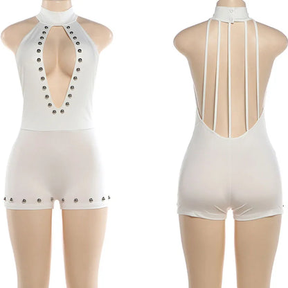Sexy Hollow Out Backless Rompers for Woman Rave Festival Clothing Sleeveless Rivet Club Party One Piece Jumpsuit Playsuit Shorts