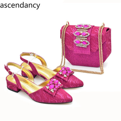 Ladies Shoe and Bag Set Latest Designers Women Nigerian Italian Shoes and Bag Set Decorated with Rhinestone Luxury Wedding Pumps