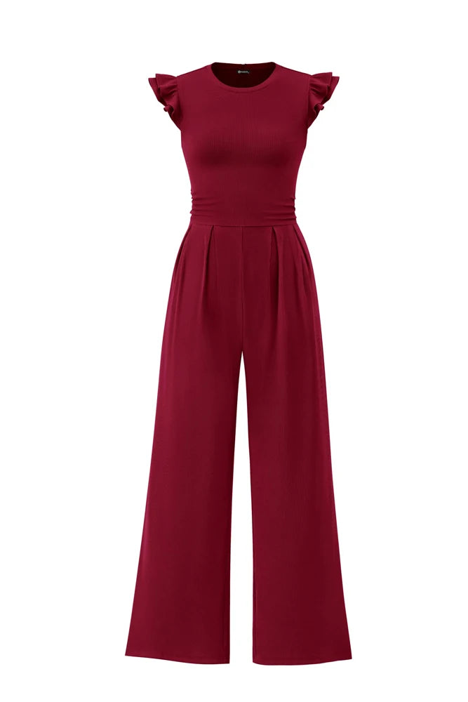Spring/Summer 2026 New Collection Women's Round Neck Sleeveless Ruffled Trim Fitted Waist and Leg-Sculpting Jumpsuit