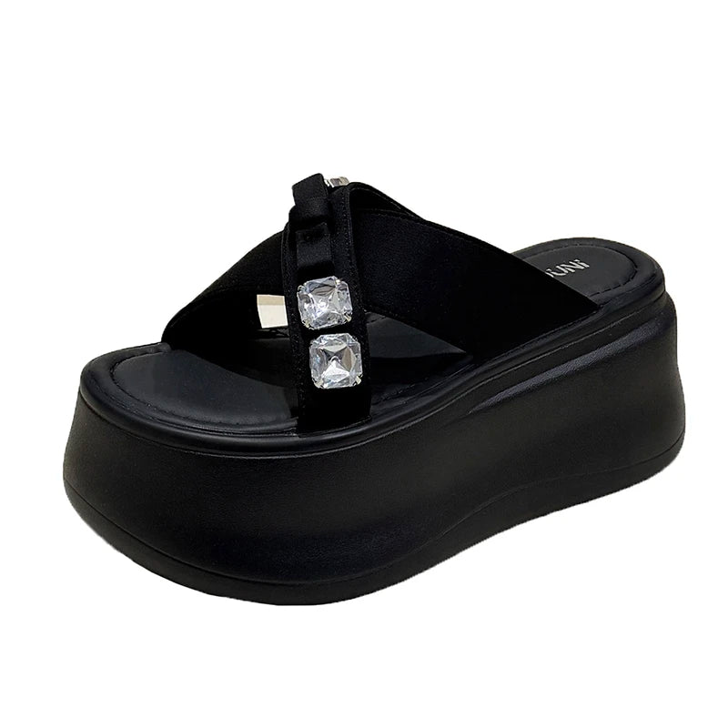 Summer Women's Luxury Rhinestone Bow Platform Wedge Slides Sandals Height Increasing Cross Open Toe Casual Beach Slippers Shoes