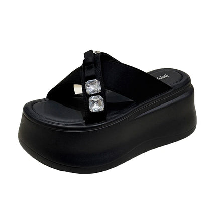 Summer Women's Luxury Rhinestone Bow Platform Wedge Slides Sandals Height Increasing Cross Open Toe Casual Beach Slippers Shoes
