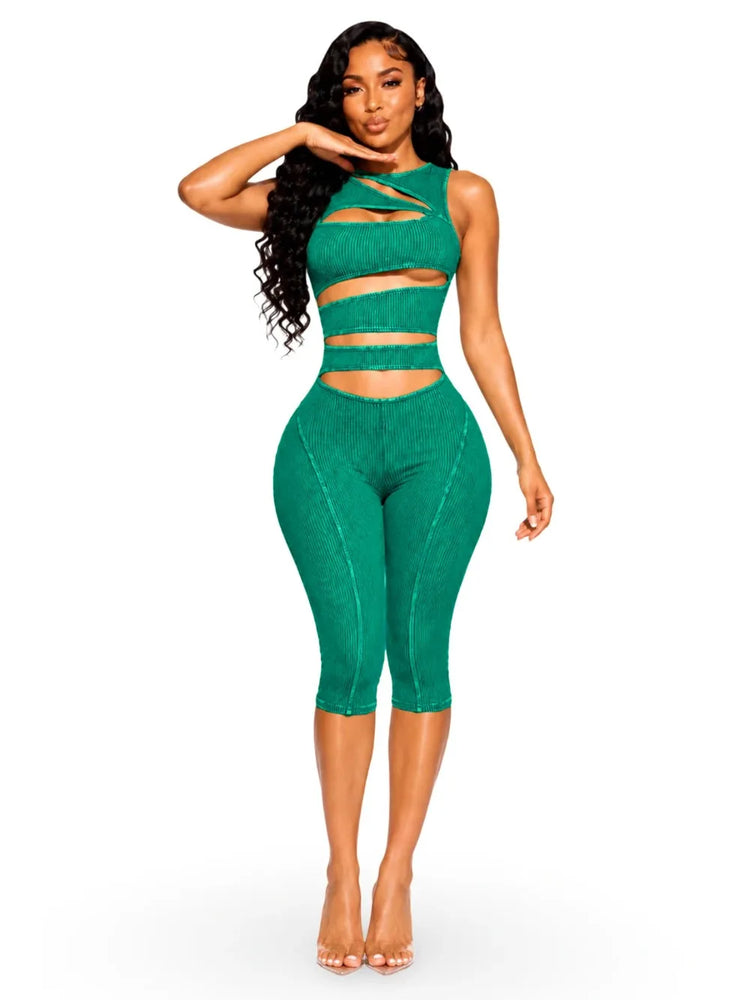 FLARORA Fashion Ribber Knitted Capri Jumpsuits Woman Sexy Hollow Out O-neck Sleeveless Zipper Skinny Playsuits Hottie Streetwear