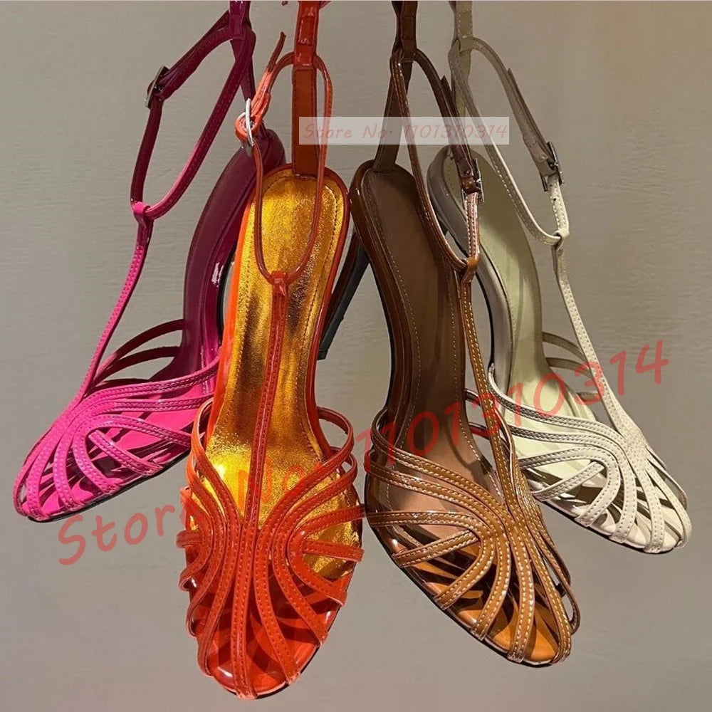 T-strap Cage High Heels Sandals Women Design Feminine Elegant Ankle Strap Shoes 2023 Ladies Luxury Narrow Band Sexy Work Sandals