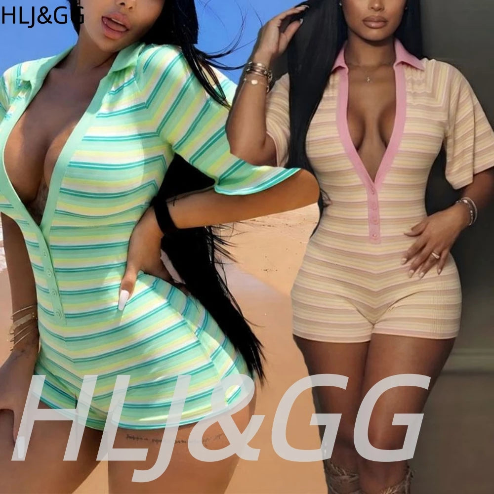HLJ&GG Green Sexy Deep V Stripe Ribber Bodycon One Piece Rompers Women Short Sleeve Slim Jumpsuits Fashion Party Club Overalls