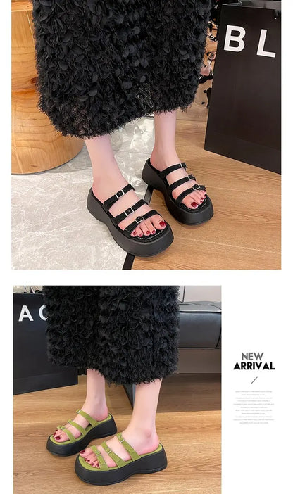Women Thicken Soled Buckle Strap Sandals Platform High Heel Shoes Ladies Cut-Out Slippers Open Toe Flipflops Silver Beach Slides