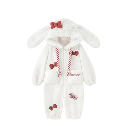 Sweet and Cute Bow Rabbit One-piece Pajamas Women's Winter New Fleece Thickened Coral Fleece Large Size Loungewear Sleepwear