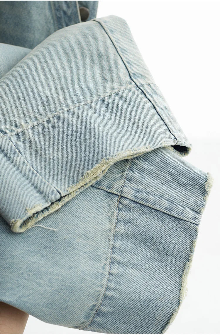 Age-Reducing, Laid-Back Style~ Women's Washed Light Blue Denim Overalls, Versatile Slim-Fit Straight-Leg Jumpsuit