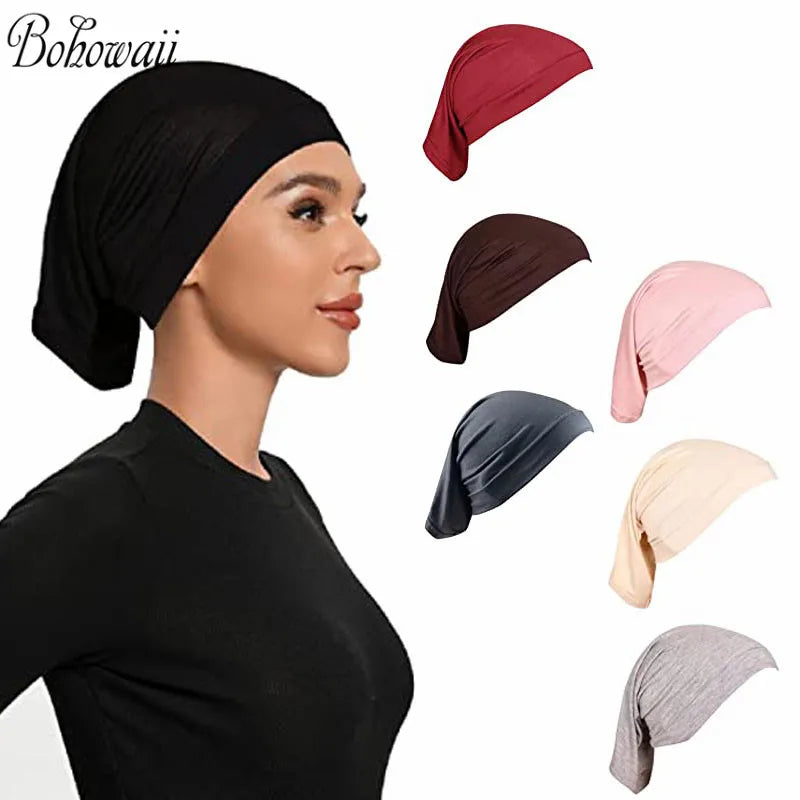 BOHOWAII Muslim Inner Under Hijab Cap Ramadan African Hat Malaysian Modal Cotton Instant Bonnet Femme Musulman Headband