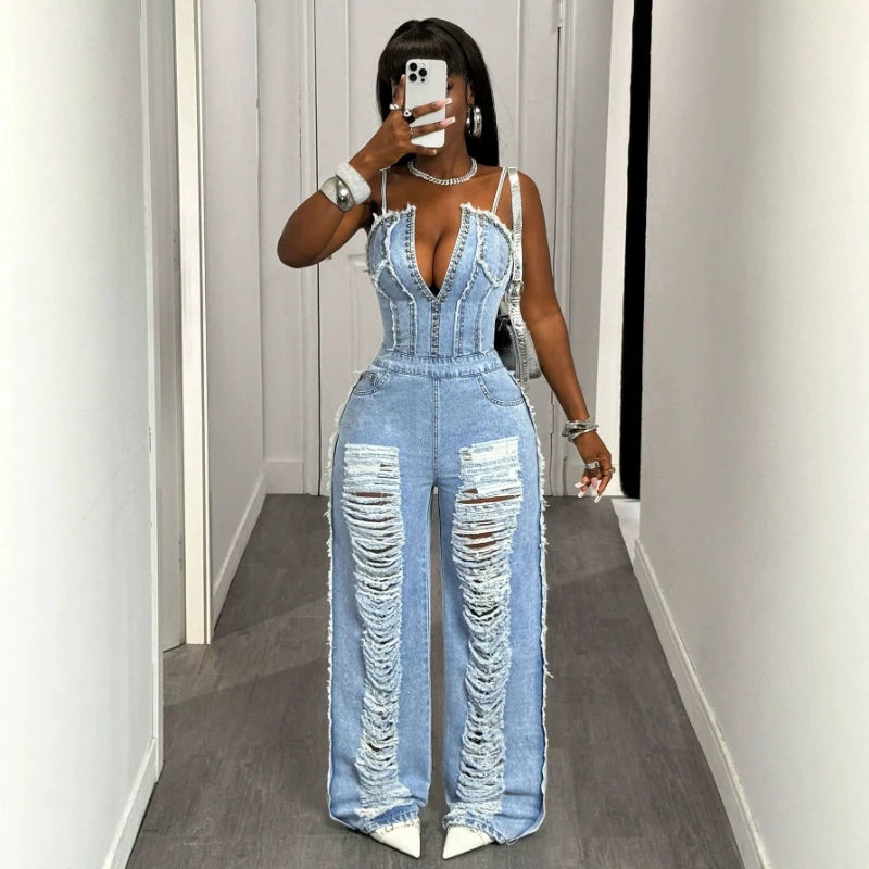 Women Jumpsuits Denim One Piece Strapless Sleeveless Sexy Overalls Long Pants Tight Waist Rompers Y2k Streetwear Work 2026