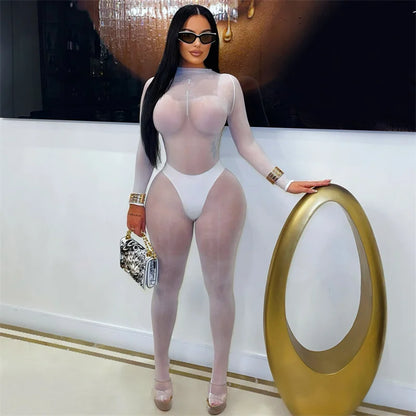 Doyerl Mesh See Through Black Jumpsuit Woman Sexy Rave Night Out One Pieces Club Romper Party Skinny Bodycon Overalls Catsuit