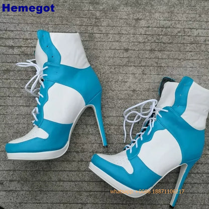 Sports Lace Up Women's Short Boots 2024 Thick Sole Round Toe Mixed Color Stilettos Autumn Winter New Street Style Casual Rock Bo
