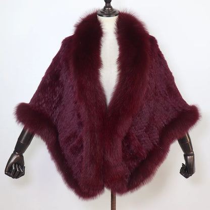 Women 100% Real Rabbit Fur Shawl Scarf With Fox Fur Collar Winter Warm Knitted Rabbit Fur Poncho Girls Party Fashion Accessories