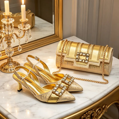 New Design Women Nigerian Italian Shoes and Bags Set with Rhinestone African Shoe and Bags Set for Wedding Luxury Party Pumps