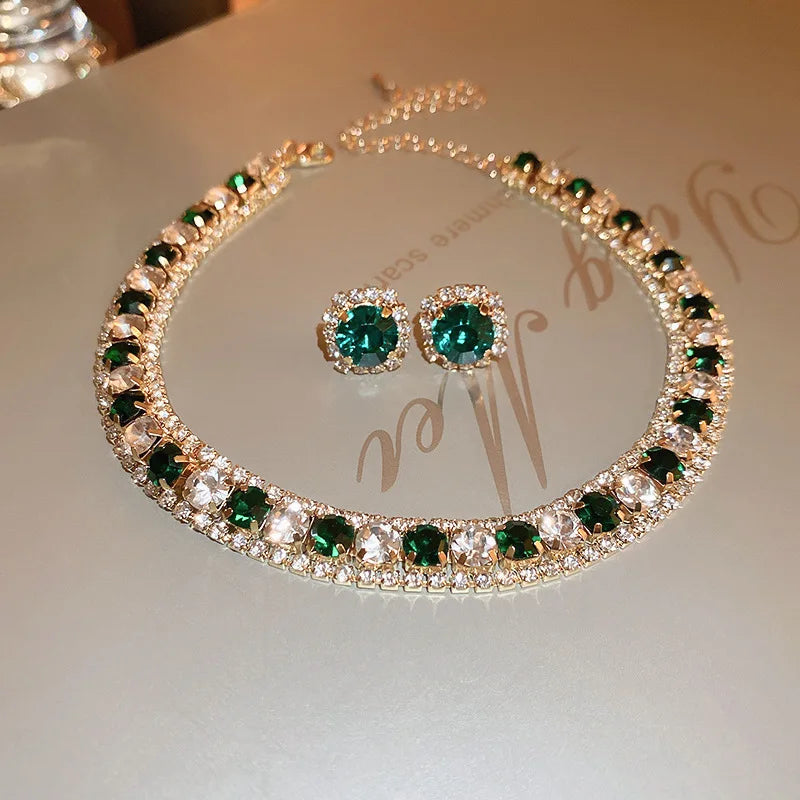 FYUAN Luxury Crystal Necklace Earrings Set Pink ABcolourful Necklace for Women Weddings Party Jewelry Sets Accessories