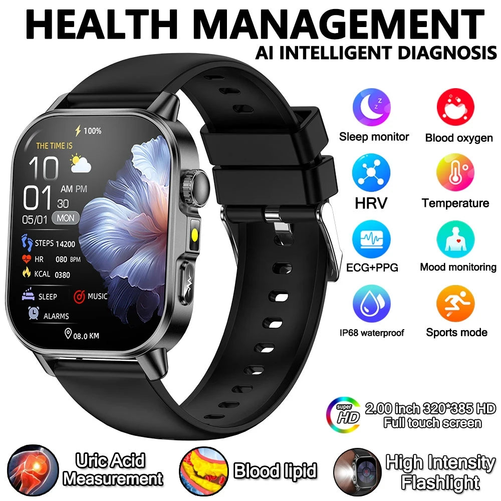 2026 New Professional-Grade Health Smart Watch Men ECG BP HR Uric Acid Lipid BMI Body Analysis Bluetooth Call Smartwatch Women