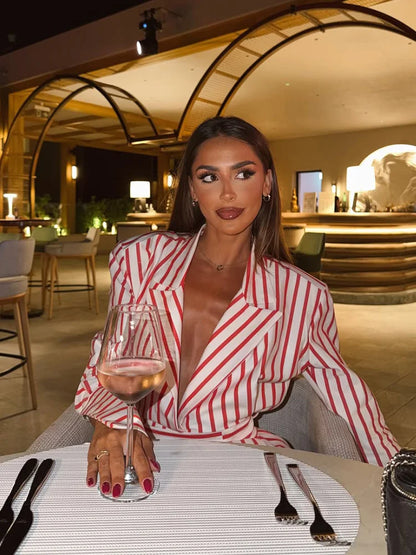 CNYISHE Women Playsuits Striped Prints Turn-down Collar Long Sleeve Casual Fitness Female Jumpsuits Fashion Streetwear Holiday