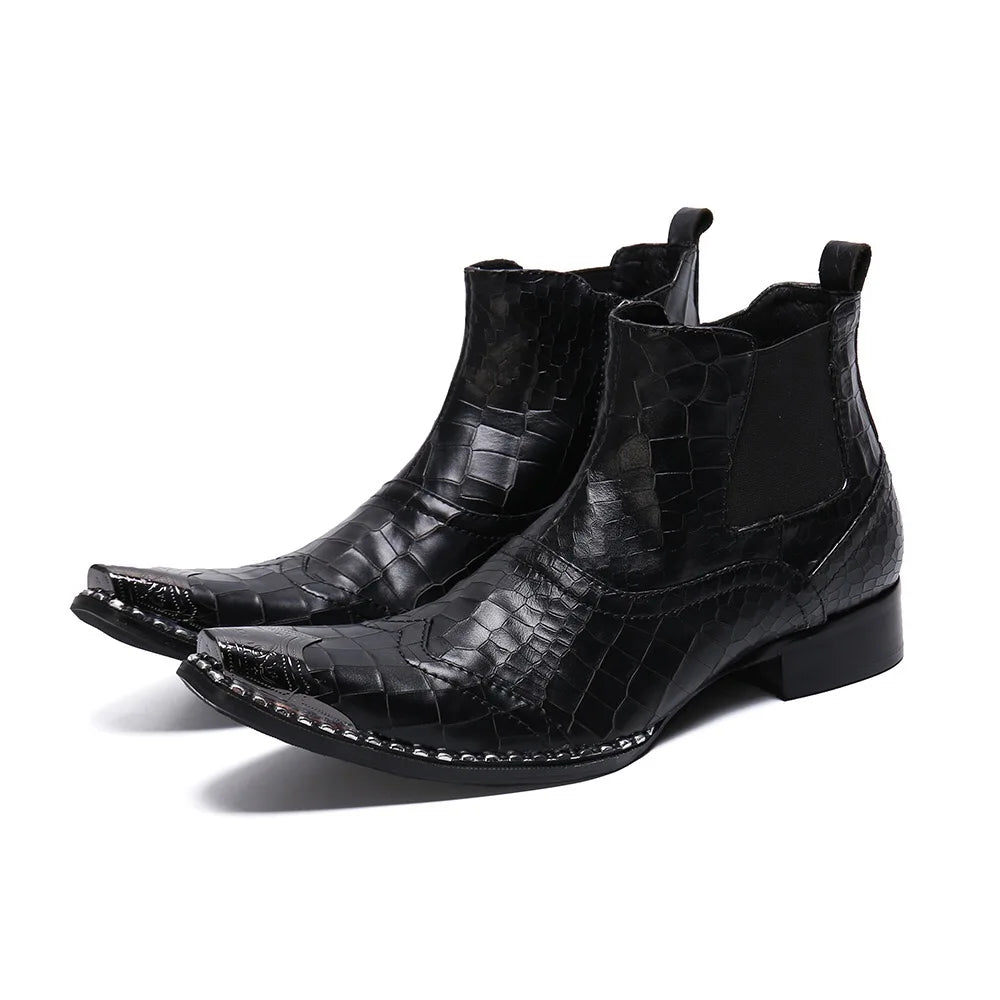 Fashion Luxury Men Boots Genuine Leather Ankle Sanke Boots Men Italian Business Dress Shoes Pointed Toe Cowboy Boots