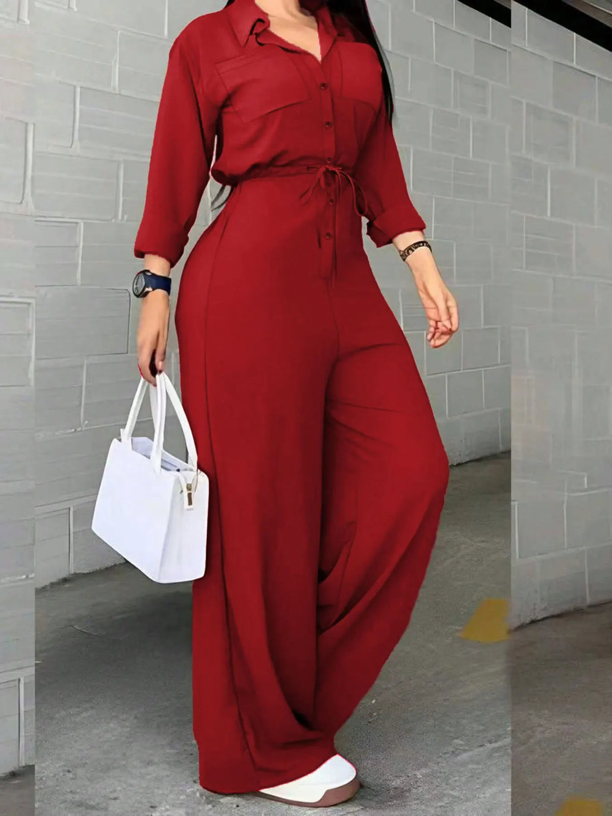 Jumpsuits for Women New Long Sleeve Turn Down Collar Lace-up Wide-leg Women Jumpsuit Monos Mujer Casual Verano