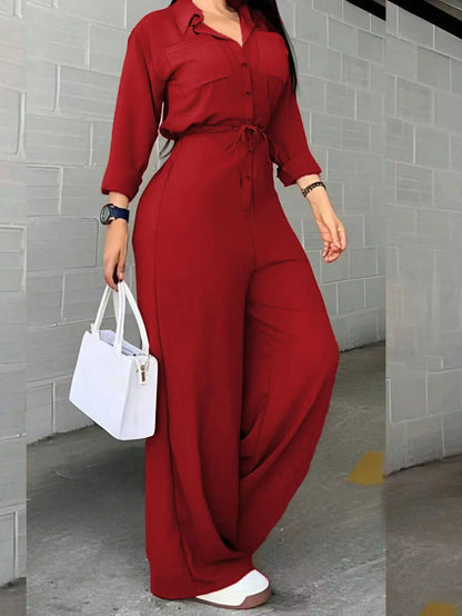 Jumpsuits for Women New Long Sleeve Turn Down Collar Lace-up Wide-leg Women Jumpsuit Monos Mujer Casual Verano