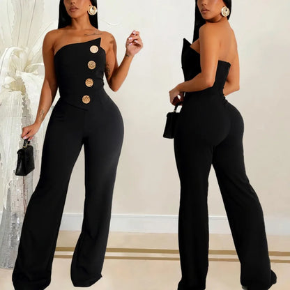Sexy Backless Strapless Jumpsuit Summer Women Fashion Solid Button Sleeveless Slim Fit Wrap Hip Jumpsuits Elegant Office Romper