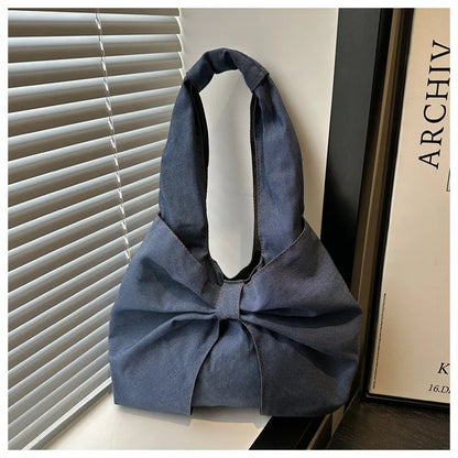 Sweet Bowknot Design Women's Denim Shoulder Bags Commuter Thread Ladies Handbags Casual Lightweight Female Underarm Tote Bag