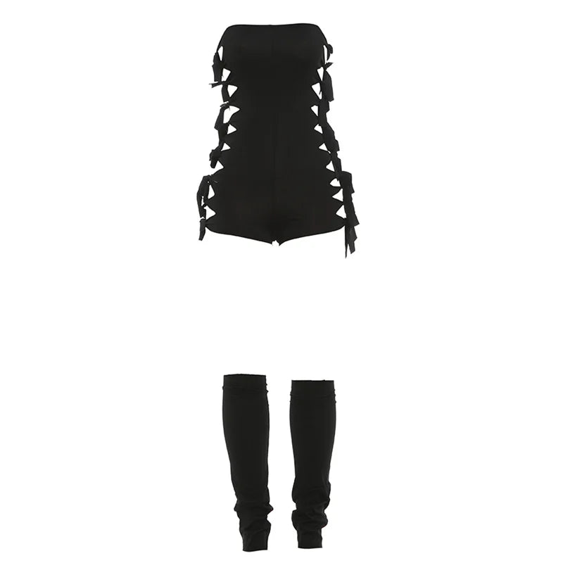 Sisterlinda Hollow 2-Piece Set Women Tassel Bandage Low-Neck Sleeveless Backless Playsuits+Simple Leg Sleeve Trend Sexy Suits