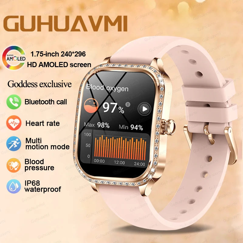 New Fashion Women's Smart Watch Heart Rate 1.75 Inch 240*296 HD Screen Diamond Watch Bluetooth Call Waterproof SmartWatch Ladies