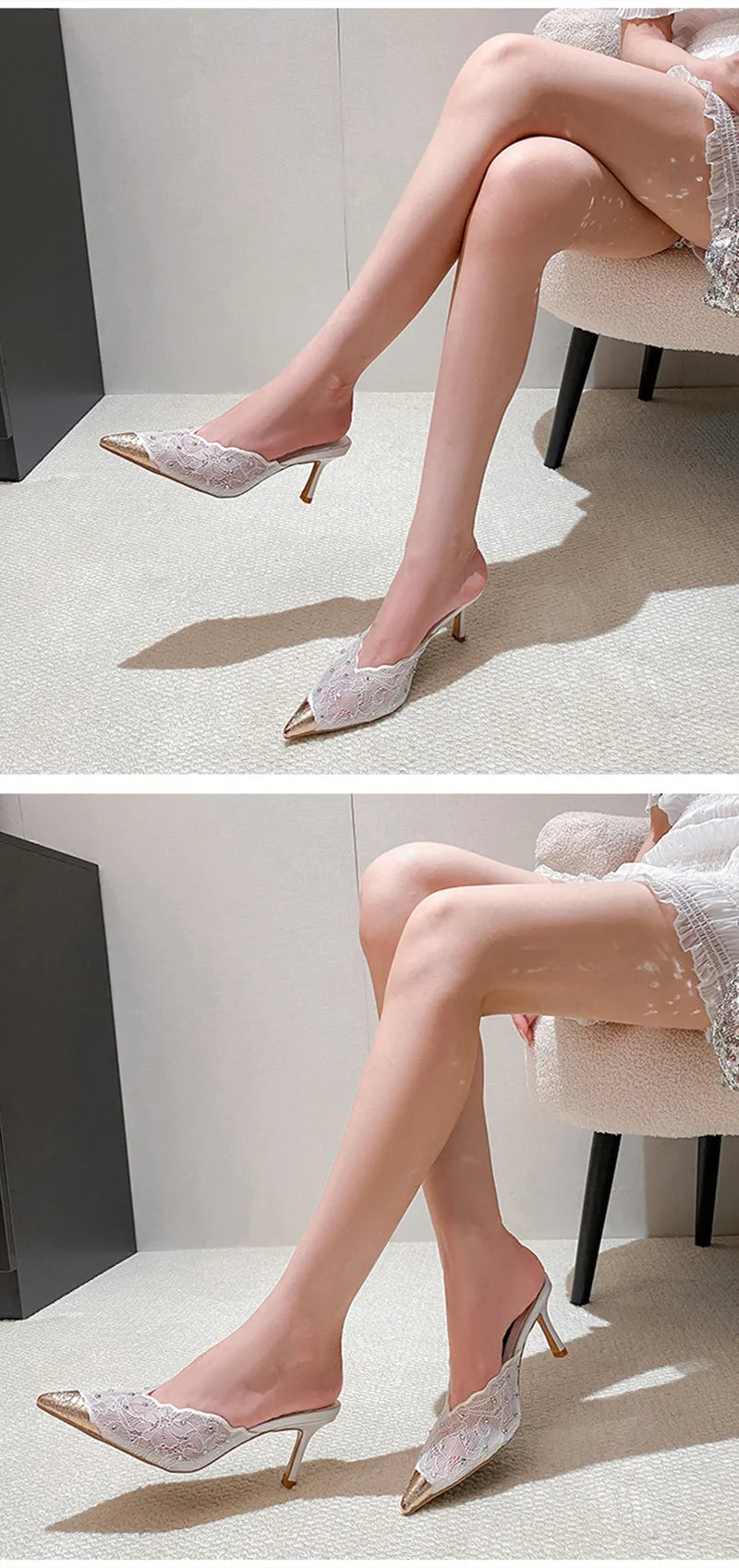 Luxury Rhinestones Mesh Lace Women Pumps Sandals Summer Elegant Pointed Toe 8cm Thin High Heels Mulse Sides  Fashion Party Shoes
