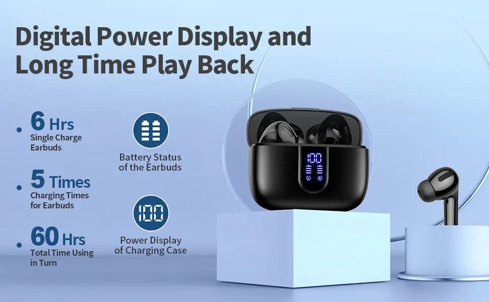 Wireless Earphones with Bluetooth 5.3, Quad-Mic Call Noise Reduction ENC, 50H Playtimes Wireless Earbuds Bluetooth Headphones