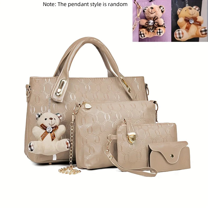 4 Pcs Women Handbag Set Embossed Pattern PU Leather Tote Bags Fashion Chain Shoulder Crossbody Bag Ladies Wallet Card Holder Purse With Bear Pendant Daily Shopping Handbags