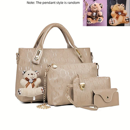 4 Pcs Women Handbag Set Embossed Pattern PU Leather Tote Bags Fashion Chain Shoulder Crossbody Bag Ladies Wallet Card Holder Purse With Bear Pendant Daily Shopping Handbags