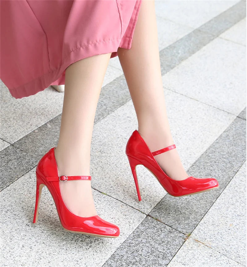 Liyke Big Size 44 45 46 Patent Leather Stiletto High Heels For Ladies Party Prom Shoe Fashion Round Toe Buckle Strap Women Pumps