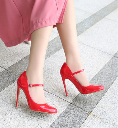 Liyke Big Size 44 45 46 Patent Leather Stiletto High Heels For Ladies Party Prom Shoe Fashion Round Toe Buckle Strap Women Pumps