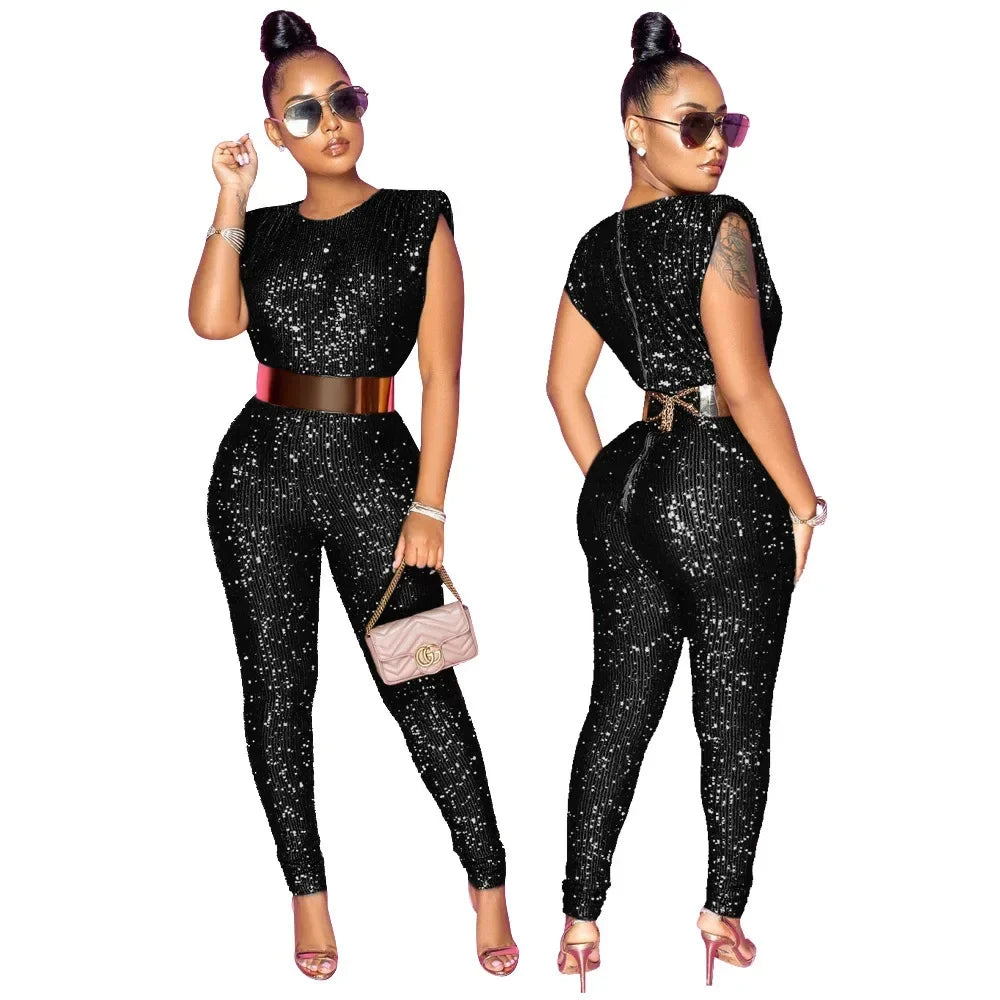 Women Sequins Sexy Jumpsuits New Sleeveless Party Skinny Solid Club Female Elegant Fashion Street Casual Belt Not Included