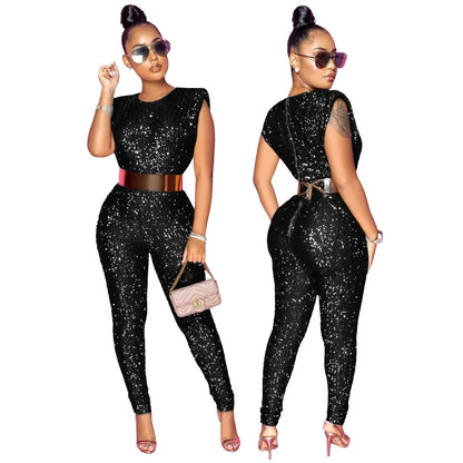 Women Sequins Sexy Jumpsuits New Sleeveless Party Skinny Solid Club Female Elegant Fashion Street Casual Belt Not Included