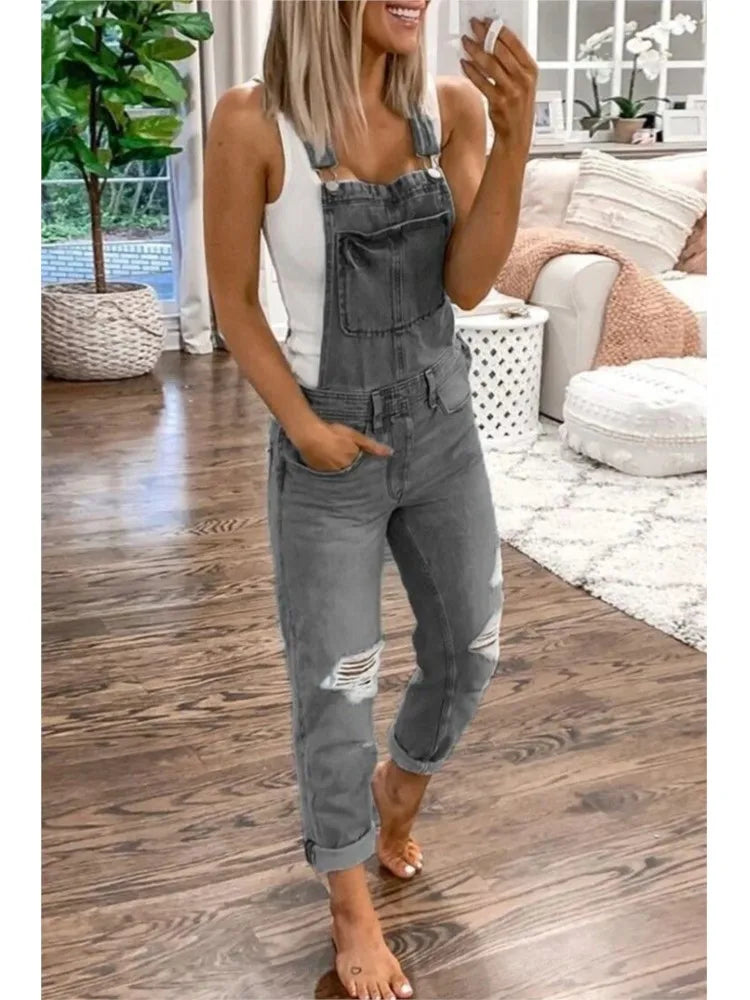 Women Sports Shoulder Straps Ripped Denim Rompers Spring Summer New Fashion Retro Slim Fit Female Versatile Casual Halter Jeans