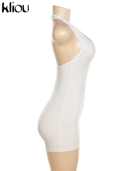 Kliou Casual Halter Rompers Women Sporty Concise Solid V-neck Sleeveless Cleavage Backless Skinny Playsuits Female Activewear