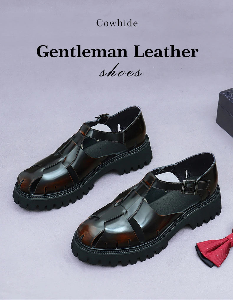 4.5Cm Thick Sole Heightening Sandals Men's Glossy Cowhide Buckle Business Casual British Genuine Leather Summer Sandals for Men