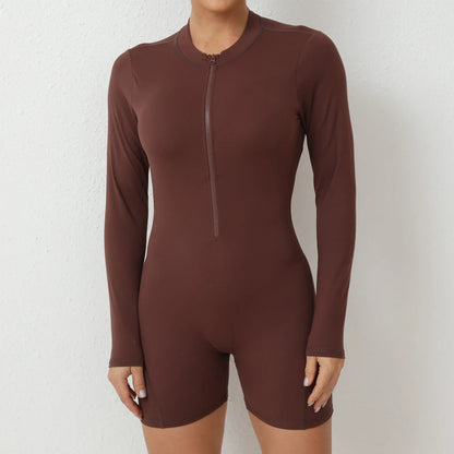 Seamless Yoga Zipper Jumpsuits Sports Fitness Beauty Back Hip-Lifting Long-Sleeved One-Piece Workout Gym Bodysuits for Women