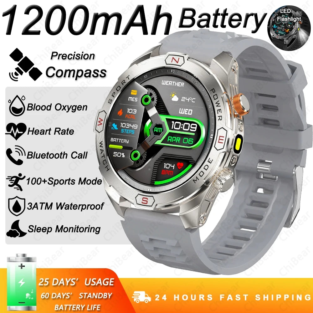 ChiBear Genuine Military Smart Watch Men: 1200 mAh Battery Compass GPS Sports Outdoor Watch Bluetooth Call Smartwatch 2026 New