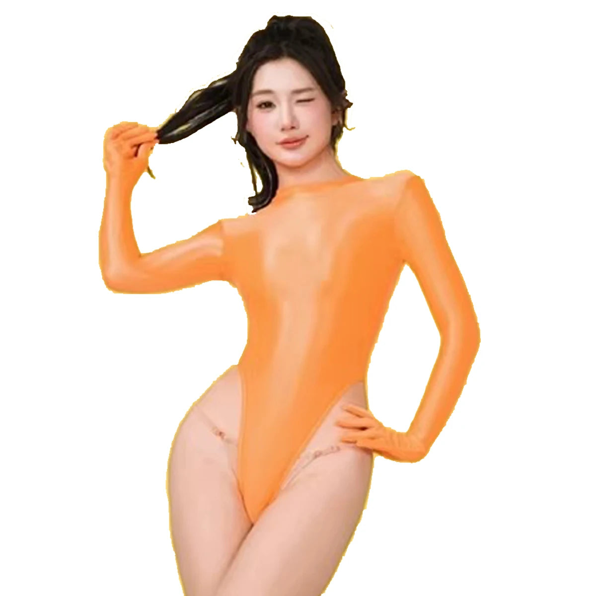 Women Sexy Japanese Onepiece High Cut T-shaped Quickdry Swimwear Longsleeve High Neck Thong Tight Bodysuit Leotards Bathing Suit