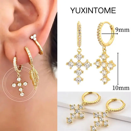 White Color Zircon Hoop Earrings 925 Sterling Silver Needle Cross/Star/Flower/Water Drop Pendant Gold Earrings Luxury Jewelry