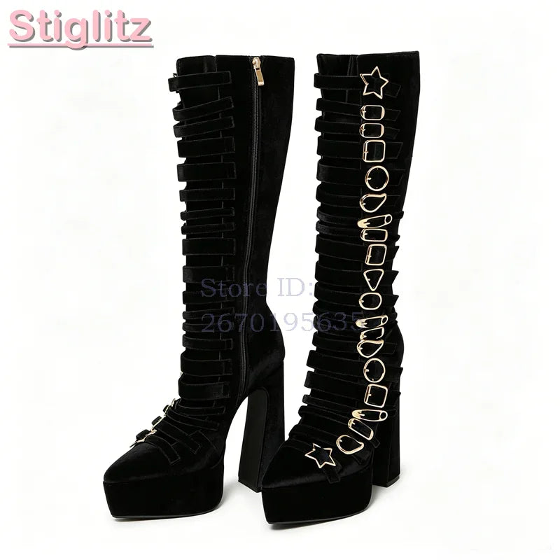 Blue Velvet Irregular Buckle Knee-high Boots Pointed  Toe Side Zipper Chunky High Heels Boots 2026 Summer New Women Punk Shoes
