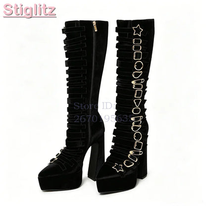 Blue Velvet Irregular Buckle Knee-high Boots Pointed  Toe Side Zipper Chunky High Heels Boots 2026 Summer New Women Punk Shoes