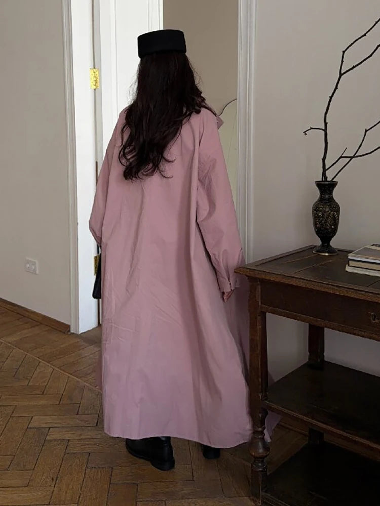 Casual Stand Collar Women Long Trench Coat Single-breasted Lantern Sleeves Pink Windbreaker Jacket Spring Fall Fashion Overcoat