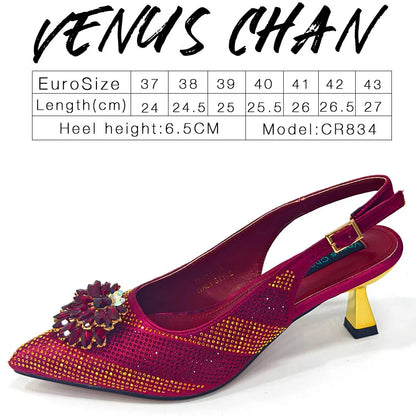 Venus Chan 2026 Italian Luxury Rhinestone Wine Pointed Toe High Heels with Matching Bag Set – Ideal for Parties and Special