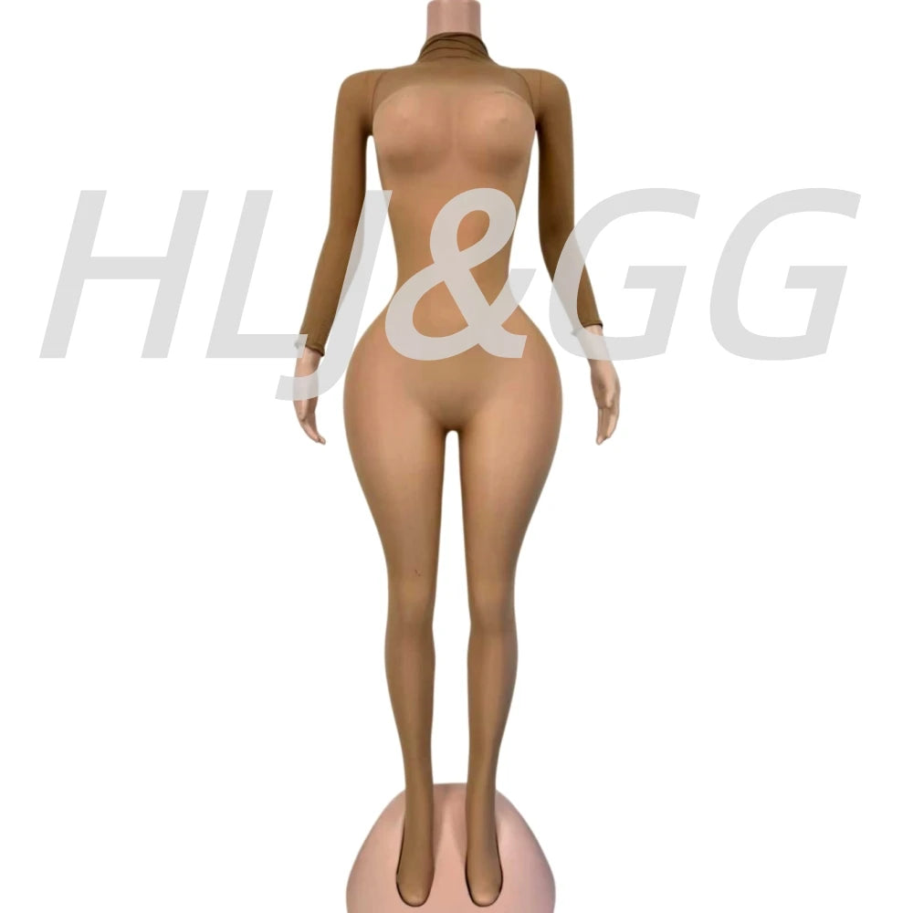 HLJ&GG Sexy Mesh See Through Bodycon Jumpsuits And Bodysuits Suits Women Long Sleeve Stretchy Playsuits Party Night Club Overall