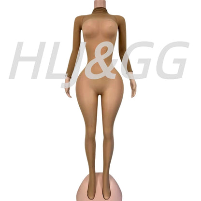 HLJ&GG Sexy Mesh See Through Bodycon Jumpsuits And Bodysuits Suits Women Long Sleeve Stretchy Playsuits Party Night Club Overall